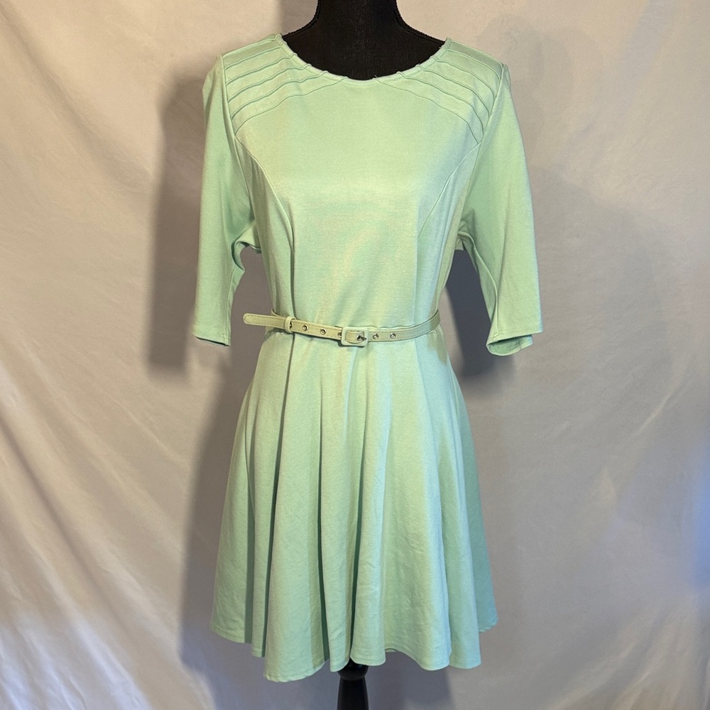 Unique Vintage Mint Belted Knit Half Sleeve Fit and Flare Dress Size 1x/16